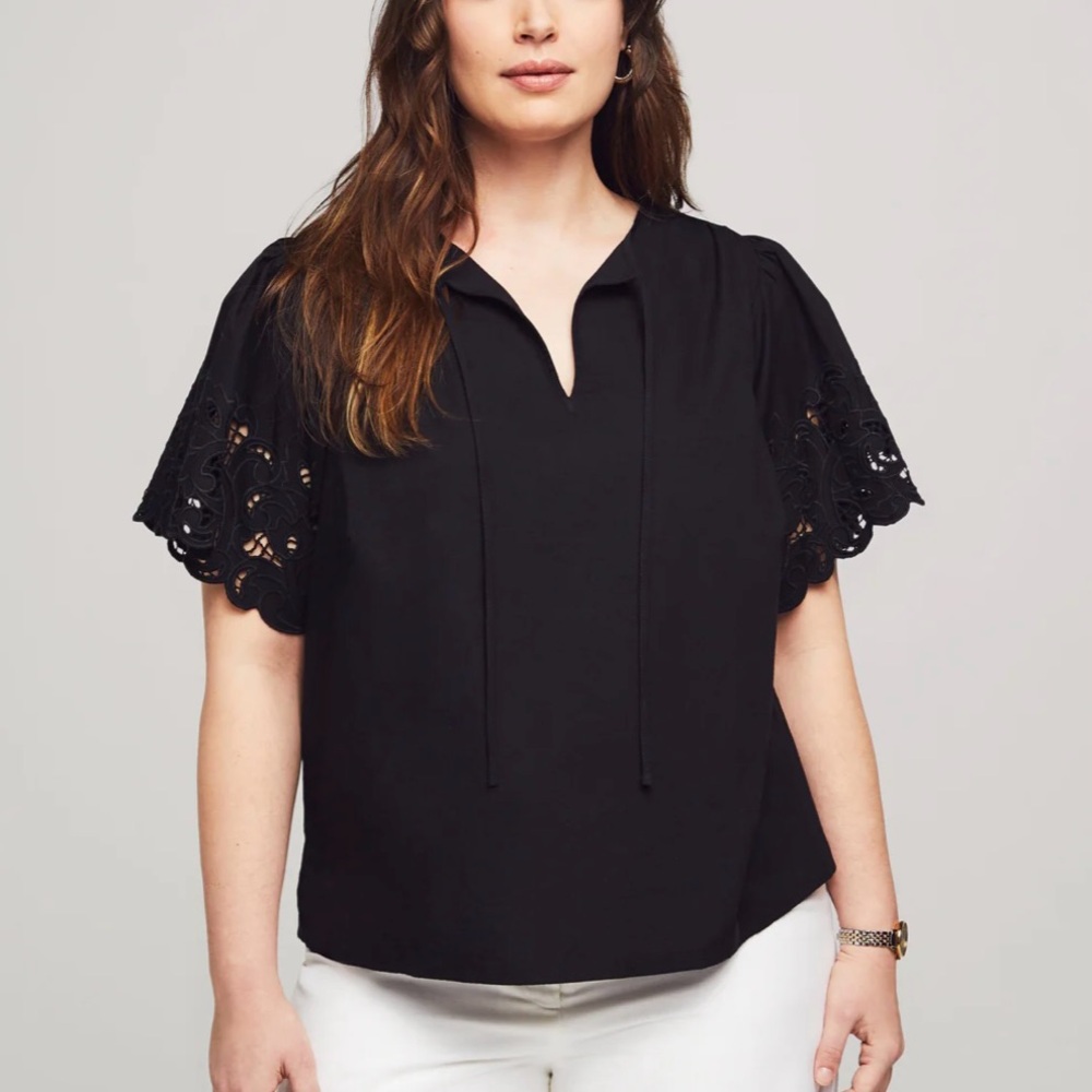 Anne Klein Black Embroidered Flutter Sleeve Top
